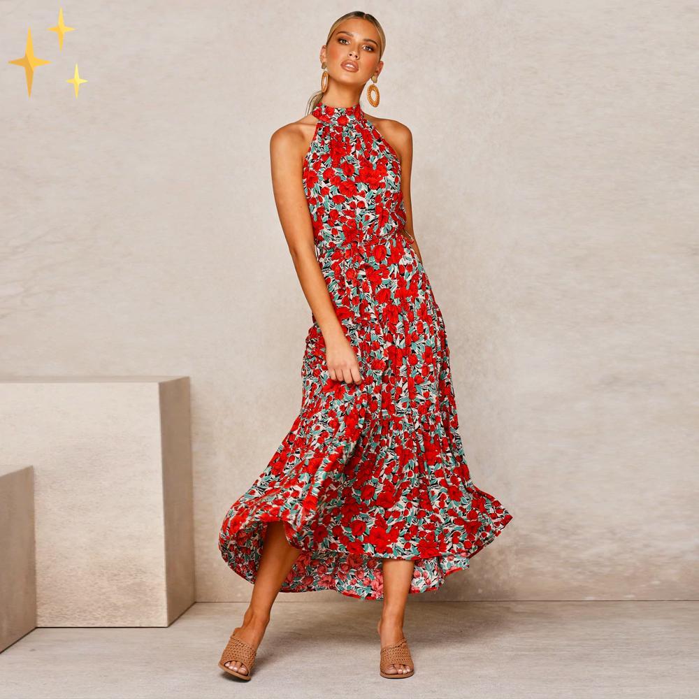 Ella sommarklänning med maxi halter, prickar och midjebälte för en fantastisk feminin look