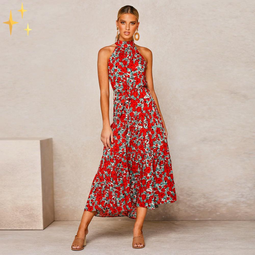 Ella sommarklänning med maxi halter, prickar och midjebälte för en fantastisk feminin look